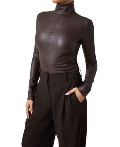 Guess Women's Mock-neck Long-sleeve Faux Leather Top In Brown