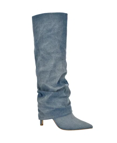 Guess Women's Natha Fold Over Slouchy Stiletto Heel Boots In Medium Blue Denim