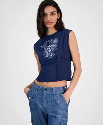 Guess Women's Nautical Or Nice Crewneck Corset Top In Blackened Blue Multi