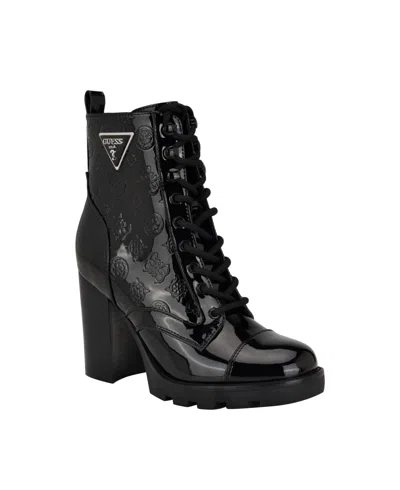 Guess Women's Neadyn Heeled Lug Sole Lace Up Hiker Booties In Black Patent Logo