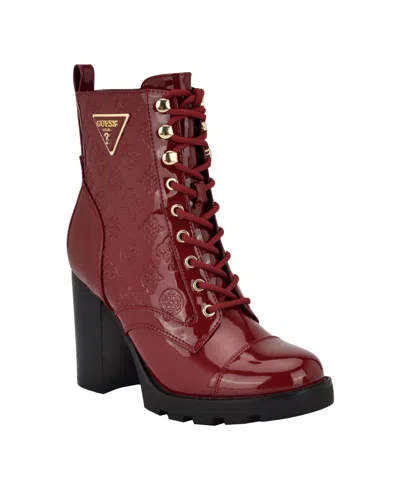 Guess Women's Neadyn Heeled Lug Sole Lace Up Hiker Booties In Red Patent Logo
