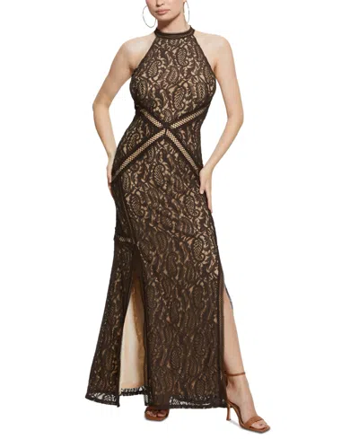 Guess Women's New Liza Lace Halter Sleeveless Gown In Dark Coffee