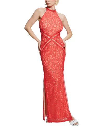Guess Women's New Liza Lace Halter Sleeveless Gown In Vivacious Coral