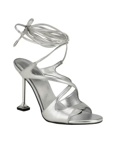 Guess Women's Niko High Heel Lace Up Leg Wrap Dress Sandals In Silver