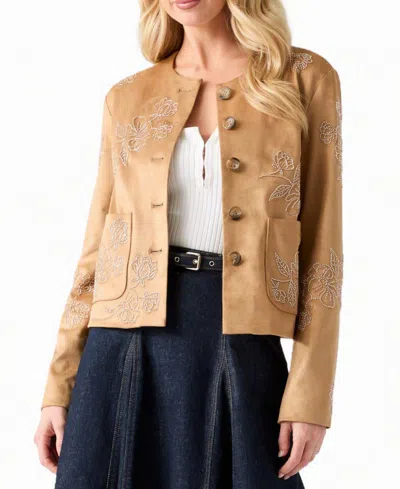 Guess Women's Oceane Faux-suede Floral-embroidered Jacket In Safari Tan Multi