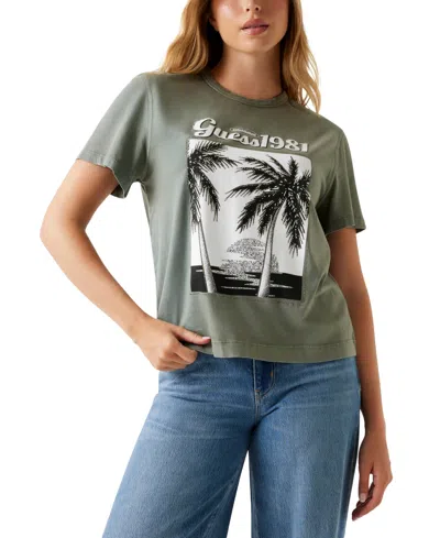Guess Women's Palm Print Crewneck T-shirt In Gray