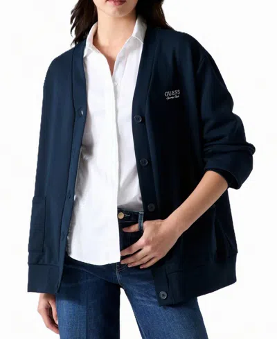 Guess Women's Phoebe Oversized Embroidered Logo Cotton-blend Cardigan Sweater In Daring Ocean
