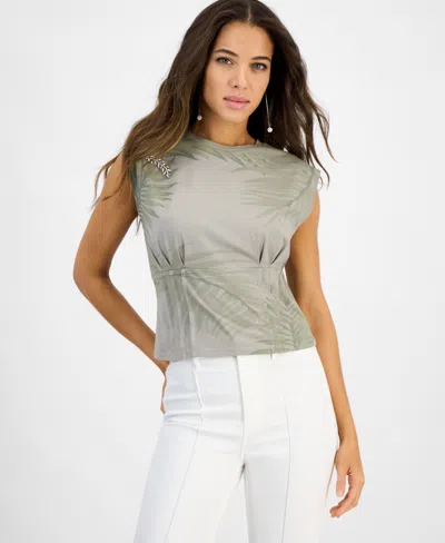Guess Women's Pleated-waist Palm-print Brooch-detail Top
