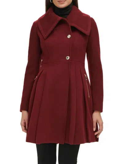 Guess Women's Pleated Wool Blend Flared Coat In Ruby