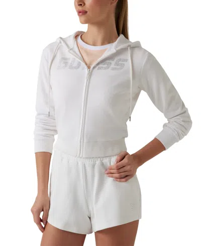 Guess Women's Primula Rhinestone Logo Zip-front Hoodie In Salt White