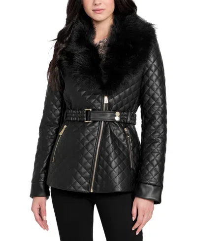 Guess Women's Quilted Faux-fur-collar Faux-leather Jacket In Black