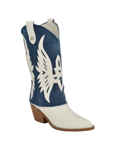 Guess Women's Raegan Fold Over Silhouette Block Heel Western Boots In Denim,white