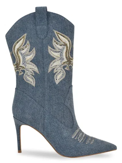 GUESS WOMEN'S RASIMA 90MM EMBROIDERED DENIM COWBOY BOOTS