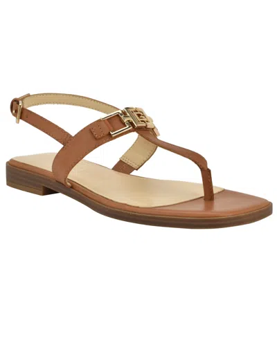 Guess Women's Reality Slingback G-elite T-strap Flat Sandals In Dark Natural Leather
