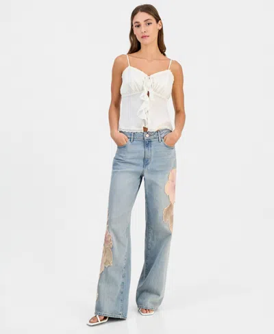 Guess Women's Rey Floral Applique Wide-leg Jeans In Blue