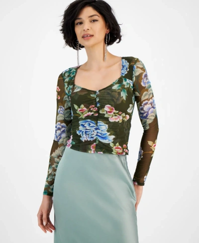 Guess Women's Reyla Smocked Mesh Floral-print Top In Hanoi Green Floral Print