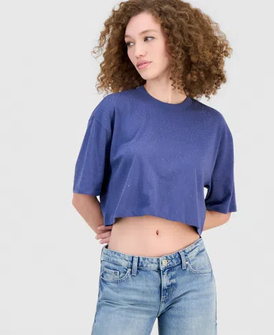 Guess Women's Rhinestone Embellished Crewneck Cropped T-shirt In Blue