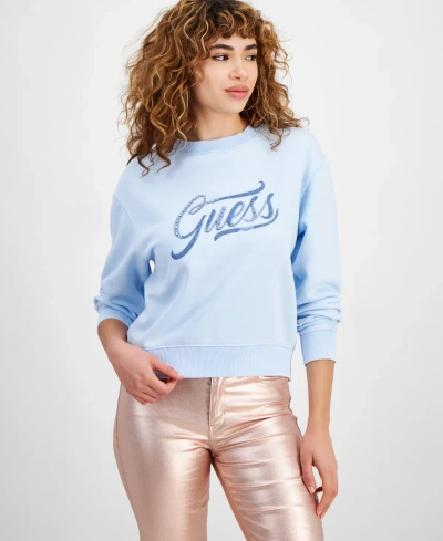 Guess Women's Rhinestone Logo Crewneck Sweatshirt In Acid Whimsical Blue