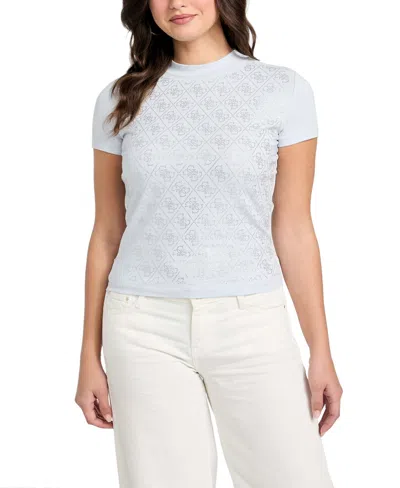 Guess Women's Rhinestone-logo Mock-neck Short-sleeve Top