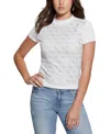 Guess Women's Rhinestone-logo Mock-neck Short-sleeve Top In Pure White