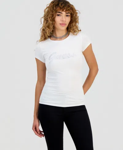 Guess Women's Rhinestone Logo T-shirt In White