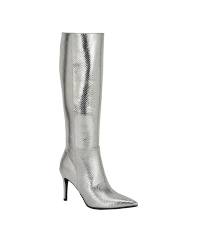 Guess Women's Richee Tall Shafted Pointy Toe Knee High Dress Boots In Silver Snake
