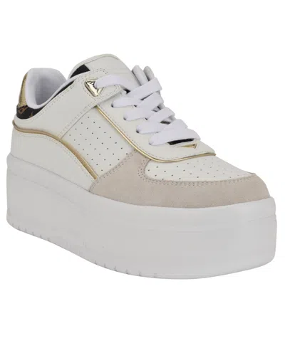 Guess Women's Ridgee Lace Up Platform Sneakers In White,beige Multi