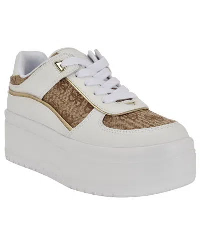 Guess Women's Ridgee Lace Up Platform Sneakers In White,medium Brown Logo