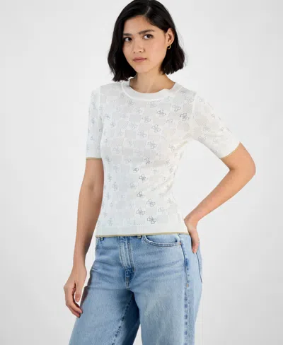 Guess Women's Rosie Four-g Rhinestone Short-sleeve Sweater In Cream White
