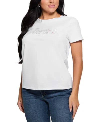 Guess Women's Script Lace Logo Easy Cotton T-shirt In Pure White