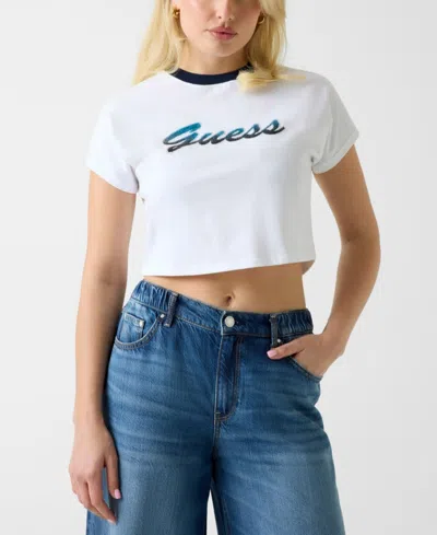 Guess Women's Script Logo Crew Neck Crop T-shirt In White