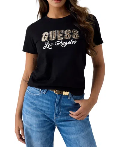 Guess Women's Script Rhinestone Logo Crewneck T-shirt In Jet Black