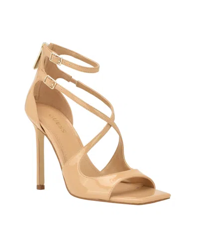 Guess Women's Sella Open Toe Cross Strap Single Sole Heels In Medium Natural Patent