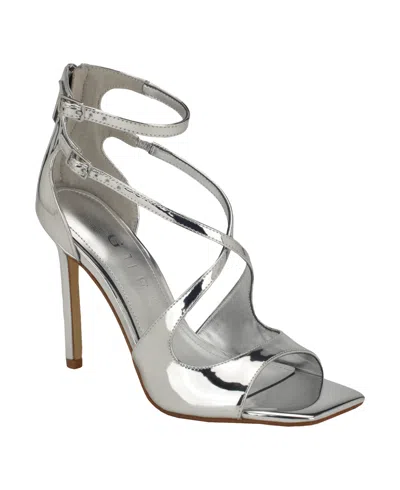 Guess Women's Sella Open Toe Cross Strap Single Sole Heels In Silver Mirror Metallic