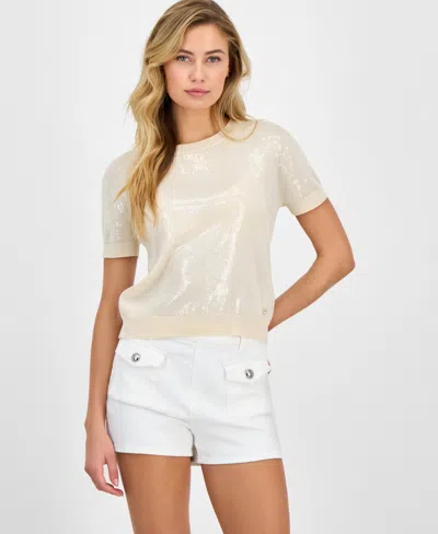 Guess Women's Sequin Printed Short-sleeve Sweater In Pink