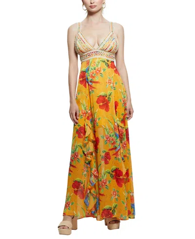 Guess Women's Serena Crochet-trim Maxi Dress In Parrot Paradise Print