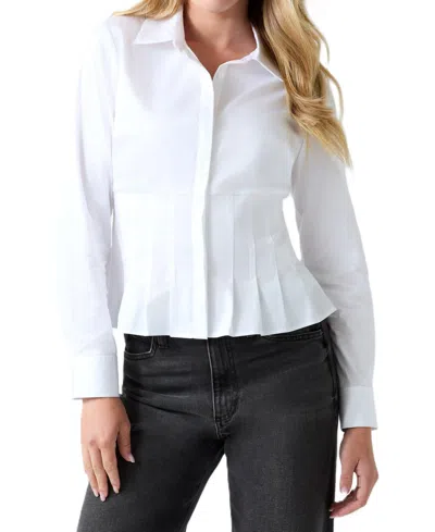 Guess Women's Serena Long Sleeve Collared Pleated Peplum Cotton-blend Blouse In Pure White