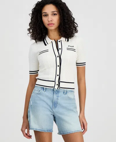 Guess Women's Shari Polo Short-sleeve Cable Knit Cardigan In White