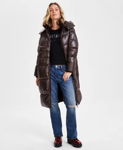 Guess Women's Shine Hooded Mid-length Puffer Coat In Brown Espresso