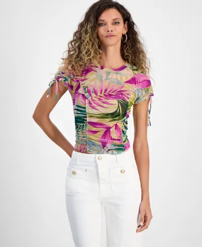 Guess Women's Short-sleeve Amaya Shirred Top In Tropical Escape Print