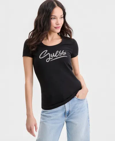 Guess Women's Short-sleeve Script-logo T-shirt In Black