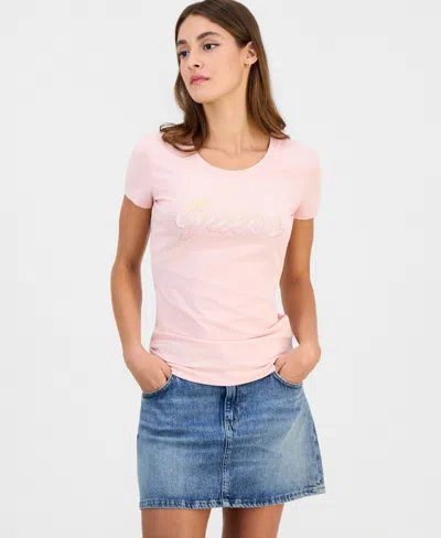 Guess Women's Short-sleeve Crewneck Ombre Paillette Logo T-shirt In Pink