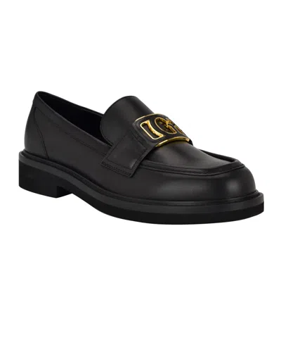 Guess Women's Shuttle Logo Hardware Round Toe Loafers In Black Leather