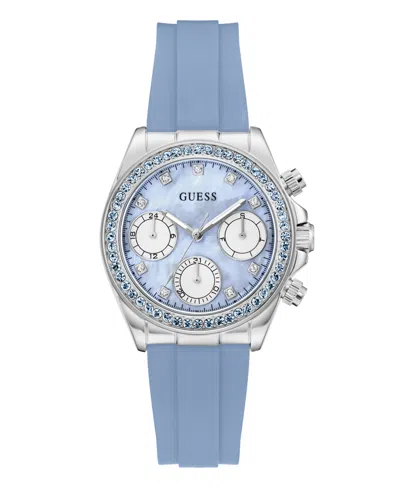 Guess Women's Silver-tone Sky Blue Silicone Multi-function Watch, 36mm In Ice Blue