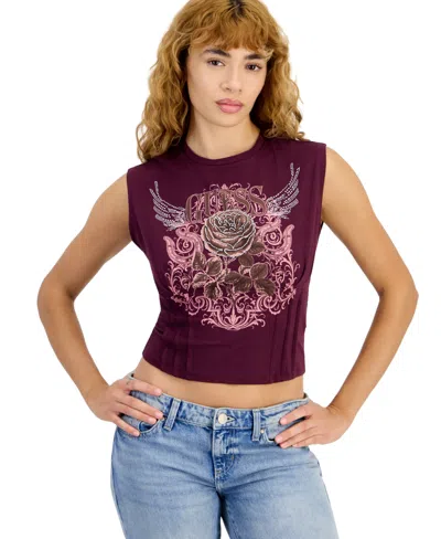 Guess Women' Sleeveless Rocket Rose Graphic Corset-detail Tee In Regal Plum