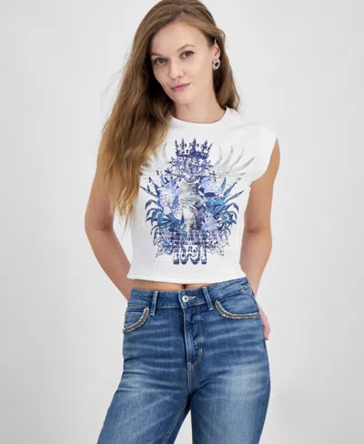Guess Women's Smocked Embellished Graphic Tank Top In Pure White