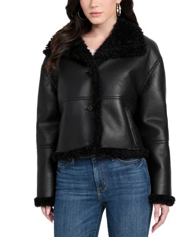 Guess Women's Stand-collar Faux-shearling Coat In Black
