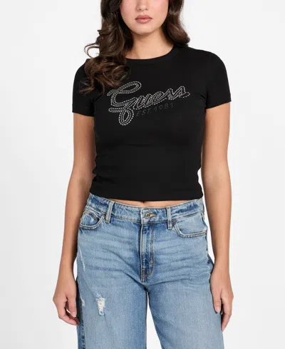 Guess Women's Studded Script Logo Crewneck T-shirt In Multi
