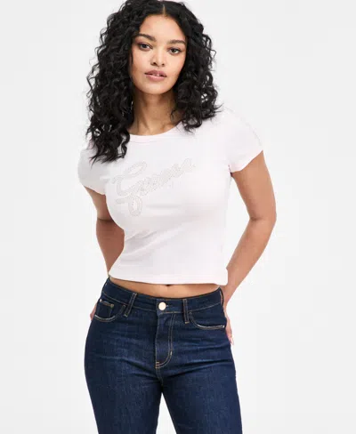 Guess Women's Studded Script Logo Crewneck T-shirt In Pink