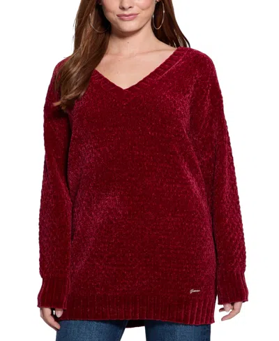 Guess Women's Talia Chenille V-neck Tunic Sweater In Siren Red